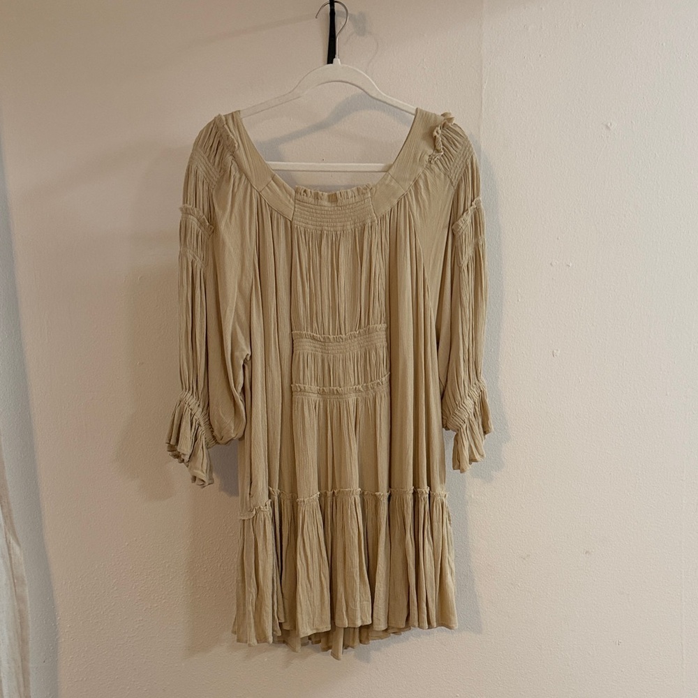 Boho Peasant off the shoulder Dress in Beige